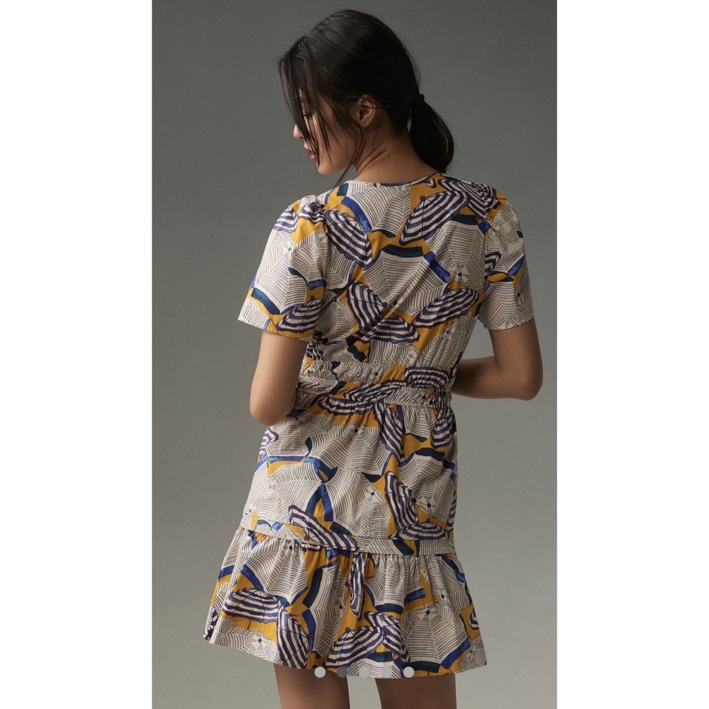 Anthropologie Somerset Mini Dress Yellow Blue Umbrella Smocked Waist - Picture 3 of 3